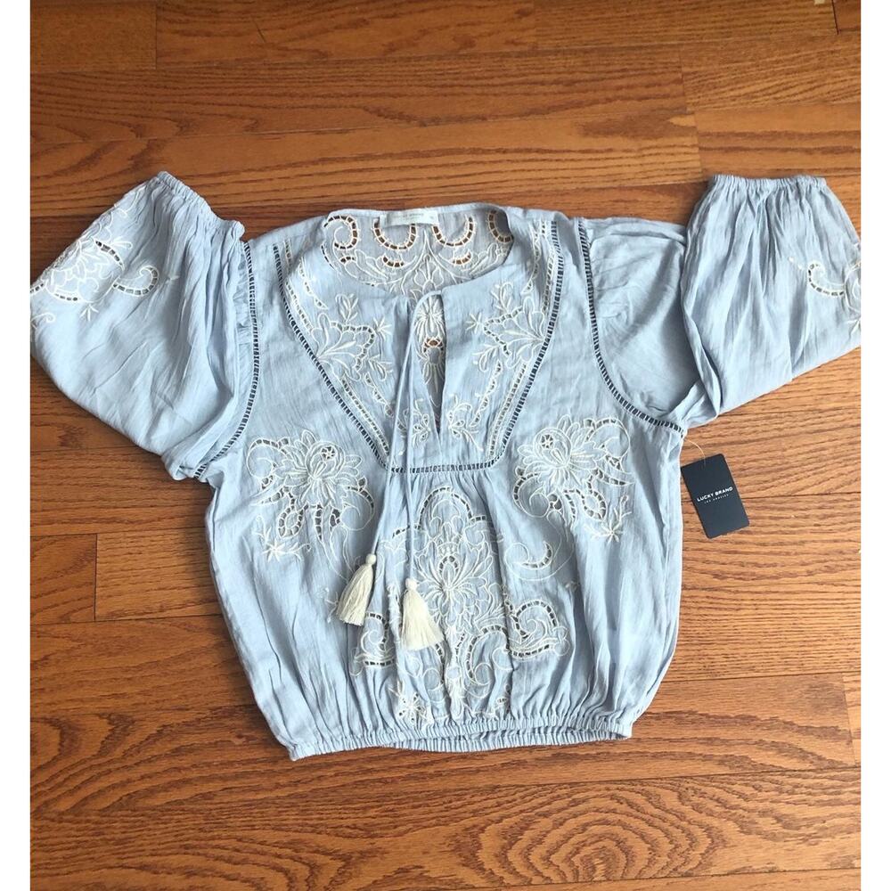 Lucky Brand Embroidered Cotton Peasant Blouse Chambray Blue Women's Size XS NWT - Picture 3 of 6
